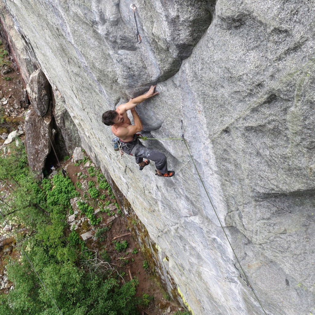 Tom Wright on the FA of Sprit of The West (5.14a) - Paradise Valley, Squamish - Photo Vikki Weldon